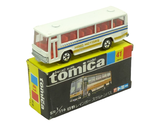 Tomica 041 Hino Skeleton Bus white with blue stripe BOXED
